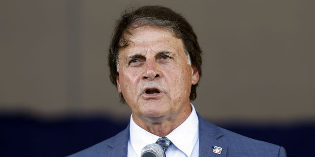 National Baseball Hall of Fame inductee Tony La Russa speaks during an induction ceremony at the Cl...