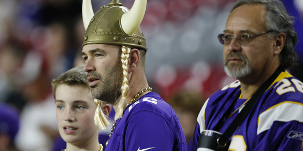 A Minnesota Vikings fan watches warm ups prior to an NFL football game against the Arizona Cardinal...