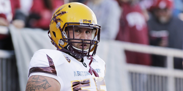 Arizona State offensive lineman Christian Westerman (55) warms up before an NCAA college football g...