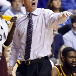 Arizona State head coach Bobby Hurley reacts to a call during the first half of an NCAA college basketball game against Kentucky Saturday, Dec. 12, 2015, in Lexington, Ky.  (AP Photo/James Crisp)