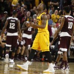 Arizona State forward Willie Atwood (2) reacts after Arizona State defeated Texas A&M 67-54 during an NCAA college basketball game, Saturday, Dec. 5, 2015, in Tempe, Ariz. (AP Photo/Rick Scuteri)