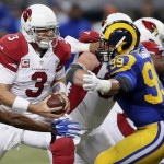 Arizona Cardinals quarterback Carson Palmer, left, is sacked for a 4-yard loss by St. Louis Rams defensive tackle Aaron Donald during the second quarter of an NFL football game on Sunday, Dec. 6, 2015, in St. Louis. (AP Photo/Tom Gannam)