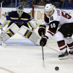 Arizona Coyotes' Antoine Vermette, right, reaches for a puck as St. Louis Blues goalie Jake Allen watches during the third period of an NHL hockey game, Tuesday, Dec. 8, 2015, in St. Louis. The Blues won 4-1. (AP Photo/Jeff Roberson)