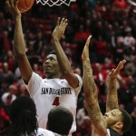 San Diego State guard Dakarai Allen (4) drives above Grand Canyon forward Keonta Vernon, right, during the first half of an NCAA college basketball game Friday, Dec. 18, 2015, in San Diego. (AP Photo/Gregory Bull)