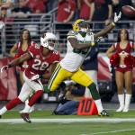 Green Bay Packers wide receiver James Jones (89) can't make the catch as Arizona Cardinals cornerback Justin Bethel (28) defends during the second half of an NFL football game, Sunday, Dec. 27, 2015, in Glendale, Ariz. (AP Photo/Rick Scuteri)