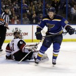 St. Louis Blues' Vladimir Tarasenko, of Russia, skates past Arizona Coyotes goalie Mike Smith after scoring during the second period of an NHL hockey game, Tuesday, Dec. 8, 2015, in St. Louis. (AP Photo/Jeff Roberson)