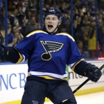 St. Louis Blues' Vladimir Tarasenko, of Russia, celebrates after scoring during the second period of an NHL hockey game against the Arizona Coyotes, Tuesday, Dec. 8, 2015, in St. Louis. (AP Photo/Jeff Roberson)