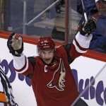 Arizona Coyotes right wing Shane Doan scores a goal in the first period during an NHL hockey game against Winnipeg Jets, Thiursday, Dec. 31, 2015, in Glendale, Ariz. Doan becomes the all time franchise scoring leader with his 380th goal. (AP Photo/Rick Scuteri)