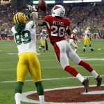 Arizona Cardinals cornerback Justin Bethel (28) intercepts a pass intended for Green Bay Packers wide receiver James Jones (89) in the end zone during the first half of an NFL football game, Sunday, Dec. 27, 2015, in Glendale, Ariz. (AP Photo/Rick Scuteri)