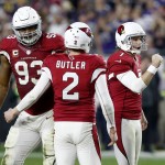 Arizona Cardinals kicker Chandler Catanzaro (7) celebrates his field goal during the second half of an NFL football game against the Minnesota Vikings with Drew Butler (2) and Calais Campbell (93) , Thursday, Dec. 10, 2015, in Glendale, Ariz. (AP Photo/Rick Scuteri)