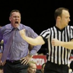 Grand Canyon coach Dan Majerle, left, yells as official Nate Harris calls a foul on his team during the second half of an NCAA college basketball game against San Diego State on Friday, Dec. 18, 2015, in San Diego. Grand Canyon won, 52-45. (AP Photo/Gregory Bull)