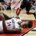 San Diego State forward Zylan Cheatham (14) reacts after missing an offensive rebound during the second half of an NCAA college basketball game against Grand Canyon on Friday, Dec. 18, 2015, in San Diego. Grand Canyon won 52-45. (AP Photo/Gregory Bull)