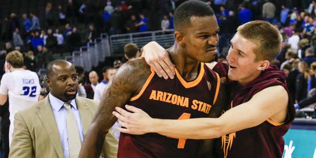 Arizona State's Gerry Blakes (4) and Austin Witherill, right, celebrate after their 79-77 win over ...