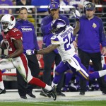 Arizona Cardinals wide receiver John Brown (12) breaks free from Minnesota Vikings cornerback Captain Munnerlyn (24) for a touchdown during the first half of an NFL football game, Thursday, Dec. 10, 2015, in Glendale, Ariz. (AP Photo/Rick Scuteri)