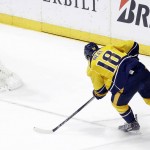Nashville Predators left wing James Neal hits the goalpost with a shot at an open net on a breakaway against the Arizona Coyotes in the third period of an NHL hockey game, Tuesday, Dec. 1, 2015, in Nashville, Tenn. (AP Photo/Mark Humphrey)