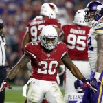 Arizona Cardinals strong safety Deone Bucannon (20) celebrates a stop against the Minnesota Vikings during the second half of an NFL football game, Thursday, Dec. 10, 2015, in Glendale, Ariz. (AP Photo/Rick Scuteri)