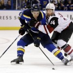 St. Louis Blues' Robby Fabbri, left, tries to control the puck as he is pushed by Arizona Coyotes' Klas Dahlbeck, of Sweden, during the second period of an NHL hockey game, Tuesday, Dec. 8, 2015, in St. Louis. (AP Photo/Jeff Roberson)