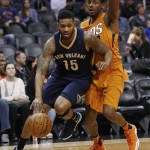 New Orleans Pelicans forward Alonzo Gee (15) drives past Phoenix Suns guard Brandon Knight during the second quarter during an NBA basketball game, Friday, Dec. 18, 2015, in Phoenix. (AP Photo/Rick Scuteri)
