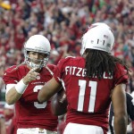Arizona Cardinals quarterback Carson Palmer (3) points to wide receiver Larry Fitzgerald (11) after a touchdown catch during the first half of an NFL football game against the Green Bay Packers, Sunday, Dec. 27, 2015, in Glendale, Ariz. (AP Photo/Ross D. Franklin)