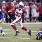 Arizona Cardinals running back Kerwynn Williams (33) runs past St. Louis Rams defenders Marcus Roberson, left, and Rodney McLeod on his way to a 35-yard touchdown run during the third quarter of an NFL football game on Sunday, Dec. 6, 2015, in St. Louis. (AP Photo/L.G. Patterson)