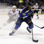 St. Louis Blues' David Backes, right, looks to pass as Arizona Coyotes' Michael Stone skates past during the second period of an NHL hockey game, Tuesday, Dec. 8, 2015, in St. Louis. (AP Photo/Jeff Roberson)