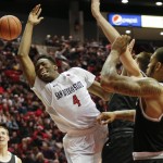San Diego State guard Dakarai Allen (4) loses control of the ball during the second half against Grand Canyon in an NCAA college basketball game Friday, Dec. 18, 2015, in San Diego. Grand Canyon won 52-45. (AP Photo/Gregory Bull)