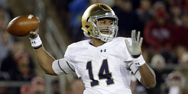 Notre Dame quarterback DeShone Kizer throws against Stanford during the first half of an NCAA colle...
