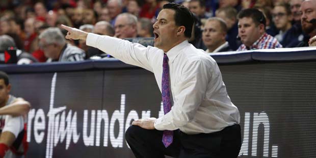 Arizona coach Sean Miller yells out a play during the second half of his team's NCAA college basket...
