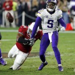 Arizona Cardinals inside linebacker Dwight Freeney (54) forces Minnesota Vikings quarterback Teddy Bridgewater (5) to fumble during the second half of an NFL football game, Thursday, Dec. 10, 2015, in Glendale, Ariz. The Cardinals recovered the ball to secure the 23-20 win. (AP Photo/Ross D. Franklin)