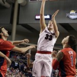 Gonzaga's Kyle Wiltjer (33) shoots in front of Arizona's Gabe York (1) and Mark Tollefsen during the second half of an NCAA college basketball game, Saturday, Dec. 5, 2015, in Spokane, Wash. Arizona won 68-63. (AP Photo/Young Kwak)
