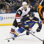 Arizona Coyotes defenseman Klas Dahlbeck, left, holds St. Louis Blues right wing Troy Brouwer during the first period of an NHL hockey game Tuesday, Dec. 8, 2015, in St. Louis. (Chris Lee/St. Louis Post-Dispatch via AP)  EDWARDSVILLE INTELLIGENCER OUT; THE ALTON TELEGRAPH OUT; MANDATORY CREDIT