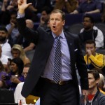 Portland Trail Blazers head coach Terry Stotts calls out a play against the Phoenix Suns in the third quarter during an NBA basketball game, Friday, Dec. 11, 2015, in Phoenix. (AP Photo/Rick Scuteri)
