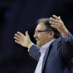 Detroit Pistons head coach Stan Van Gundy reacts after a play in the first half of an NBA basketball game against the Phoenix Suns, Wednesday, Dec. 2, 2015, in Auburn Hills, Mich. (AP Photo/Carlos Osorio)