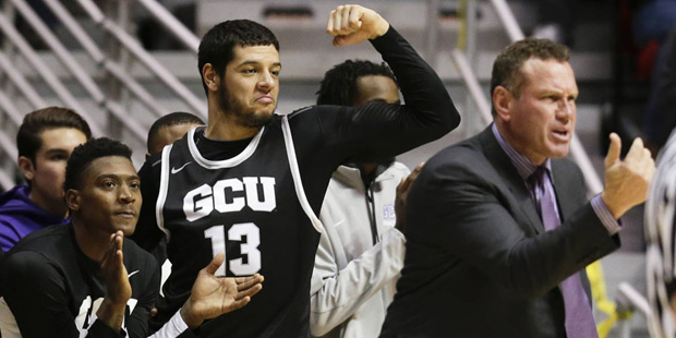 Grand Canyon State forward Uros Ljeskovic (13) and others on the bench react during the second half...