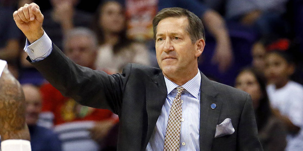 Phoenix Suns head coach Jeff Hornacek calls a play during the first half of an NBA basketball game ...