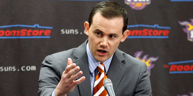 Newly-appointed Phoenix Suns general manager Ryan McDonough speaks during an NBA basketall news conference, Thursday, May 9, 2013, in Phoenix.  McDonough joins the Suns after most recently serving the past three seasons as the assistant general manager of the Boston Celtics.  (AP Photo/Matt York)