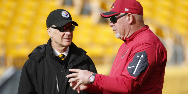 Pittsburgh Steelers President Art Rooney II, left, talks with Arizona Cardinals head coach Bruce Ar...