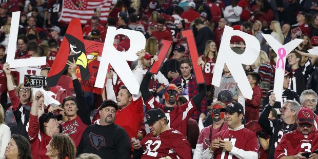 Arizona Cardinals fans hold a "Larry" sign in support of Arizona Cardinals wide receiver Larry Fitz...