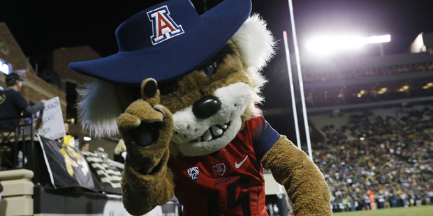 Arizona mascot Wilbur the Wildcat jokes with photographers while facing Colorado in the first half ...