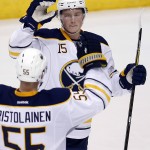 Buffalo Sabres center Jack Eichel (15) celebrates with Rasmus Ristolainen (55) after scoring a goal in the second period during an NHL hockey game against the Arizona Coyotes, Monday, Jan. 18, 2016, in Glendale, Ariz. (AP Photo/Rick Scuteri)