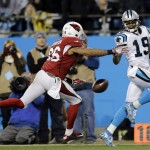 Arizona Cardinals' Rashad Johnson breaks up a pass intended for Carolina Panthers' Ted Ginn (19) during the first half the NFL football NFC Championship game Sunday, Jan. 24, 2016, in Charlotte, N.C. (AP Photo/David J. Phillip)