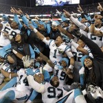 Some Carolina Panthers celebrate from the bench during the second half the NFL football NFC Championship game against the Arizona Cardinals, Sunday, Jan. 24, 2016, in Charlotte, N.C. (AP Photo/Chuck Burton)