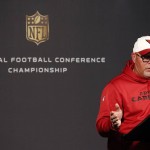 Arizona Cardinals head coach Bruce Arians talks about facing the Carolina Panthers during a news conference at the Cardinals NFL football training facility Wednesday, Jan. 20, 2016, in Tempe, Ariz.  The Cardinals will face the Panthers in the NFC Championship game on Sunday in Charlotte. (AP Photo/Ross D. Franklin)