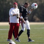 Arizona Cardinals' Carson Palmer, right, talks with quarterbacks coach Freddie Kitchens, left, during NFL football practice at Cardinals training facility Wednesday, Jan. 20, 2016, in Tempe, Ariz.  The Cardinals will face the Carolina Panthers in the NFC Championship game on Sunday in Charlotte. (AP Photo/Ross D. Franklin)