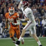 Alabama's Jake Coker throws during the second half of the NCAA college football playoff championship game against Clemson Monday, Jan. 11, 2016, in Glendale, Ariz. (AP Photo/David J. Phillip)