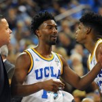 UCLA's Isaac Hamilton, center, is congratulated after a basket against Arizona State in the first half of an NCAA college basketball game in Los Angeles, Saturday, Jan. 9, 2016. (AP Photo/Michael Owen Baker)