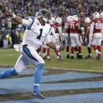 Carolina Panthers' Cam Newton celebrates his touchdown run during the first half the NFL football NFC Championship game against the Arizona Cardinals, Sunday, Jan. 24, 2016, in Charlotte, N.C. (AP Photo/Chuck Burton)