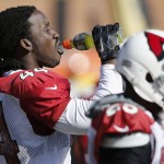 Arizona Cardinals' Markus Golden takes a break during NFL football practice at Cardinals training facility Wednesday, Jan. 20, 2016, in Tempe, Ariz.  The Cardinals will face the Carolina Panthers in the NFC Championship game on Sunday in Charlotte. (AP Photo/Ross D. Franklin)