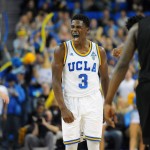 UCLA's Aaron Holiday reacts after making a 3-point basket in the game's final minute to give UCLA the lead against Arizona State in the second half of an NCAA college basketball game in Los Angeles, Saturday, Jan. 9, 2016. UCLA won 81-74. (AP Photo/Michael Owen Baker)