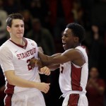 Stanford forward Rosco Allen, left, celebrates with teammate Marcus Allen after a 75-73 win over Arizona State in an NCAA college basketball game Saturday, Jan. 23, 2016, in Stanford, Calif. (AP Photo/Marcio Jose Sanchez)